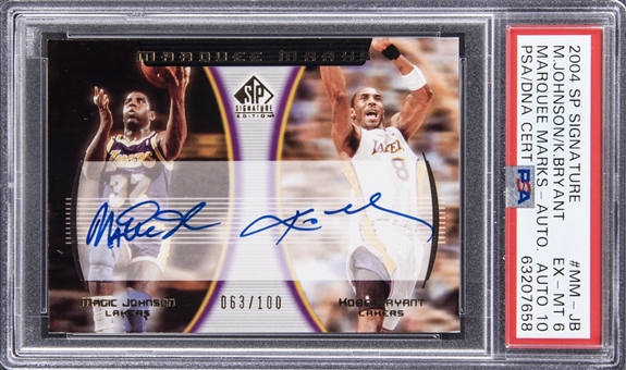 2005 Upper Deck SP Signature Edition "Marquee Marks" #MM-JB Magic Johnson & Kobe Bryant Dual Signed Card (#063/100) - PSA EX-MT 6, PSA/DNA 10